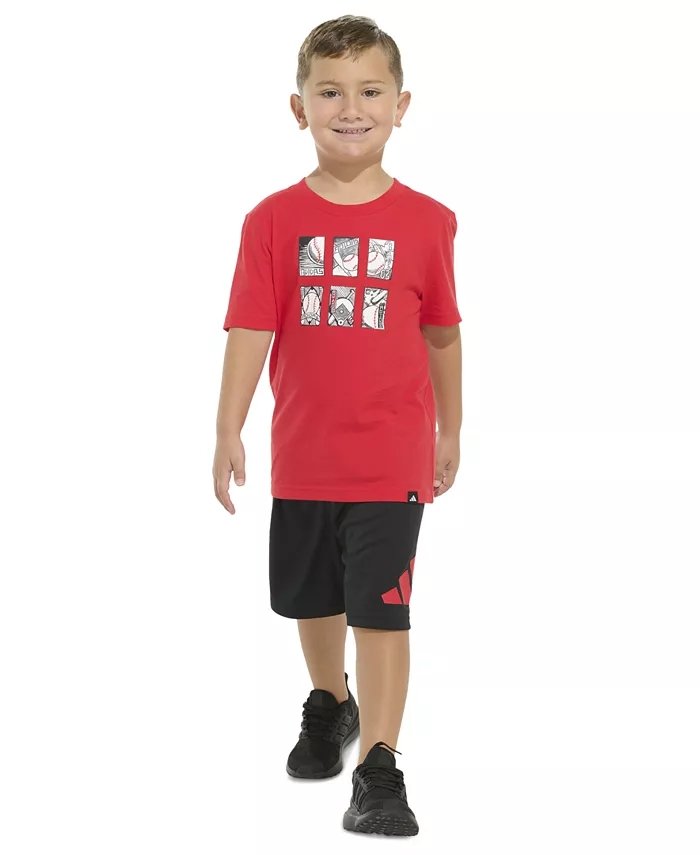 Детский комплект для мальчиков: футболка с коротким рукавом и шорты с эластичным поясом и логотипом, 2 предмета adidas, красный
Детский комплект для мальчиков: футболка с коротким рукавом и шорты с эластичным поясом и логотипом, 2 предмета adidas, красный
