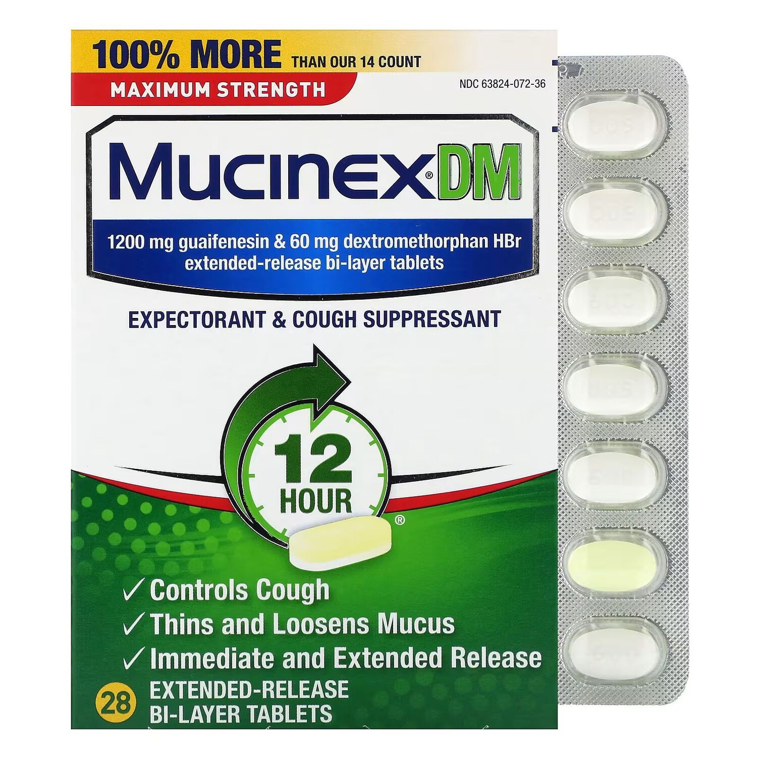 DM, 28 двухслойных таблеток пролонгированного действия Mucinex
DM, 28 двухслойных таблеток пролонгированного действия Mucinex