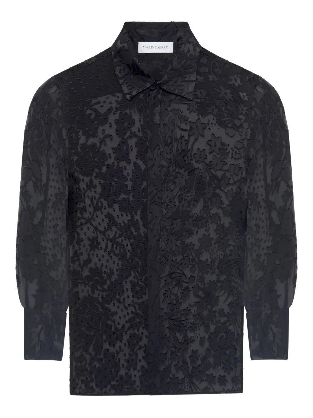 Рубашка из смесового шелка с цветочной аппликацией Marine Serre, черный
Рубашка из смесового шелка с цветочной аппликацией Marine Serre, черный