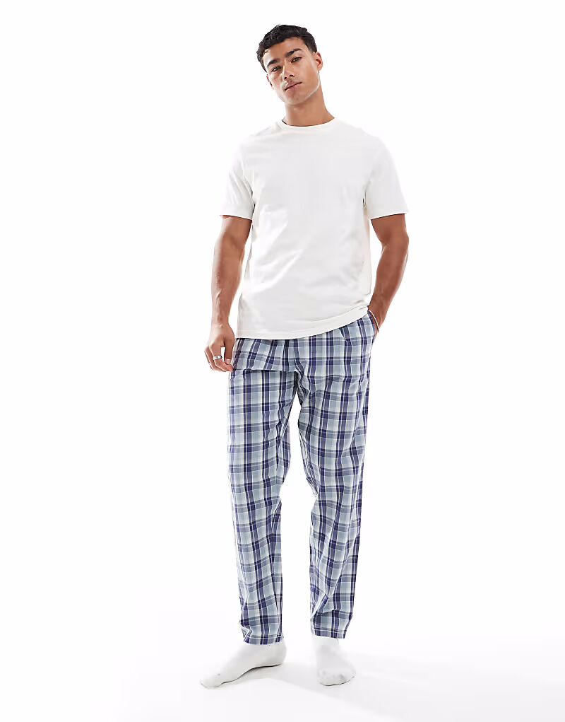 Комплект из 2 шт. потертых хлопковых поплиновых брюк для дома в клетку синего цвета Threadbare 
Комплект из 2 шт. потертых хлопковых поплиновых брюк для дома в клетку синего цвета Threadbare