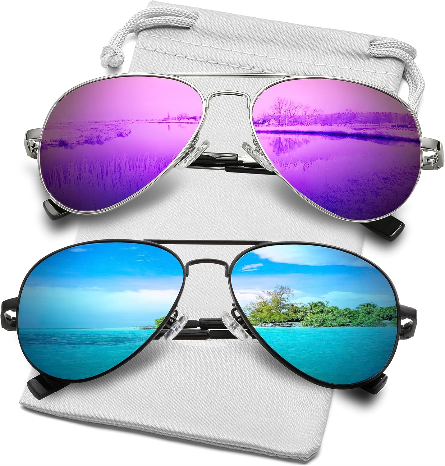 Классические поляризованные солнцезащитные очки-авиаторы AIEYEZO для мужчин и женщин, с пружинным шарниром и металлической оправой, защита от УФ-излучения UV400, 2 Pack (Silver/Purple Mirror + Black/Blue Mirror)
Классические поляризованные солнцезащитные очки-авиаторы AIEYEZO для мужчин и женщин, с пружинным шарниром и металлической оправой, защита от УФ-излучения UV400, 2 Pack (Silver/Purple Mirror + Black/Blue Mirror)
