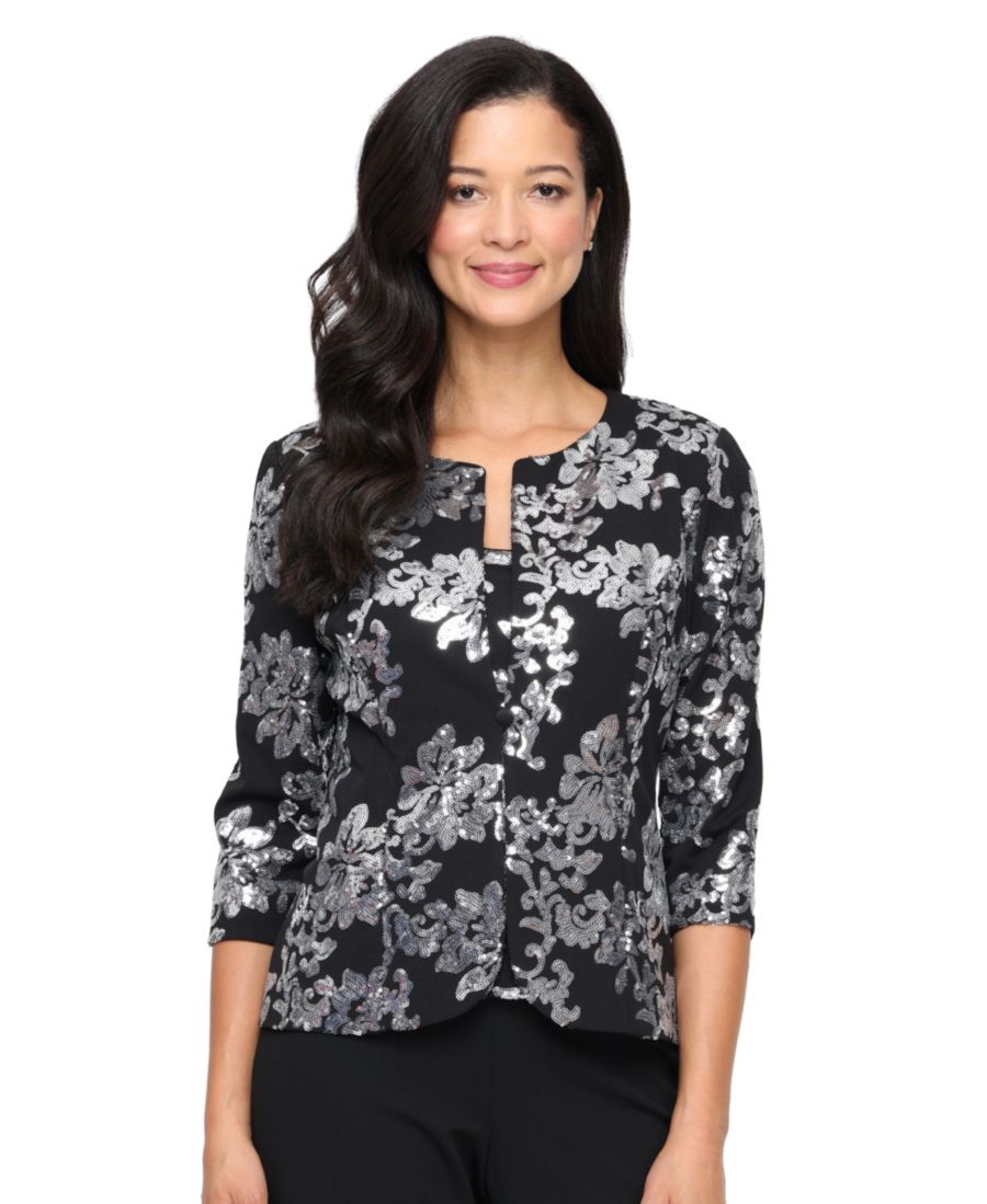 Женская эластичная майка с рукавами 3/4, украшенная пайетками, в комплекте с жакетом Alex Evenings, Black Silver
Женская эластичная майка с рукавами 3/4, украшенная пайетками, в комплекте с жакетом Alex Evenings, Black Silver