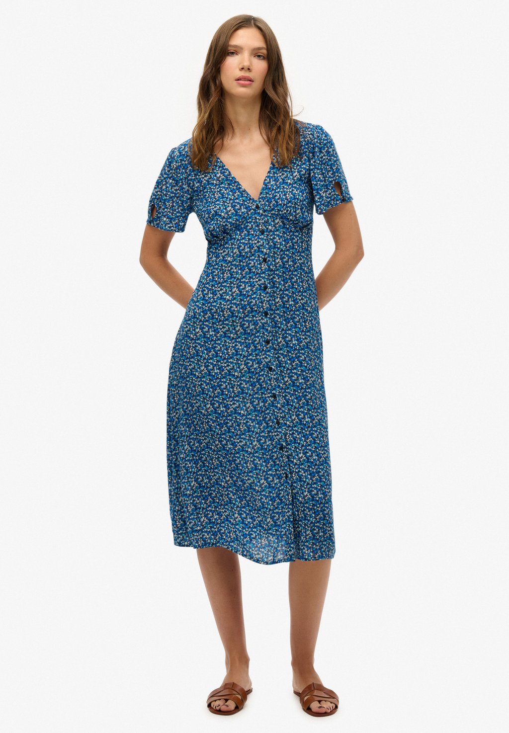 Платье-рубашка PRINTED BUTTON-UP SHORT SLEEVE MIDI TEA Superdry, синий 
Платье-рубашка PRINTED BUTTON-UP SHORT SLEEVE MIDI TEA Superdry, синий