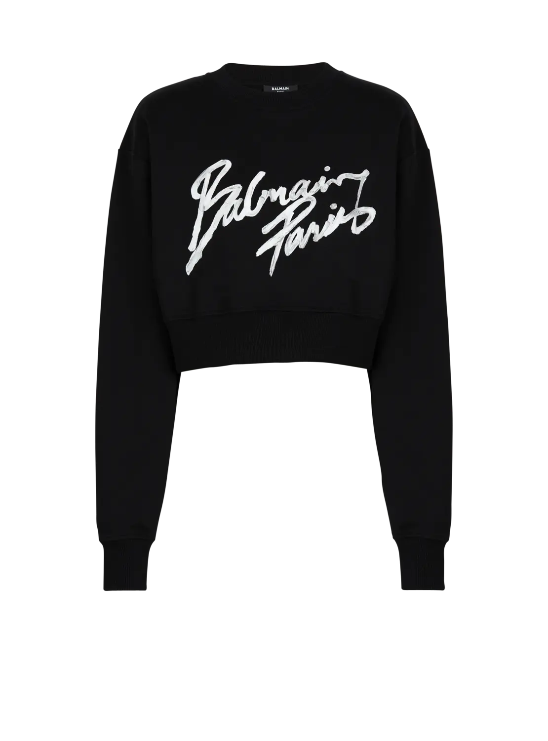 Укороченный хлопковый свитшот с принтом Balmain, черный
Укороченный хлопковый свитшот с принтом Balmain, черный