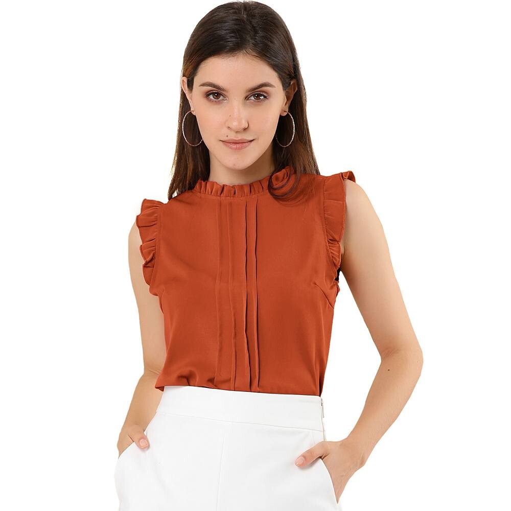 Топ без рукавов для женщин, деловые офисные блузки с винтажным цветочным принтом и рюшами ALLEGRA K, цвет Dark Orange 
Топ без рукавов для женщин, деловые офисные блузки с винтажным цветочным принтом и рюшами ALLEGRA K, цвет Dark Orange