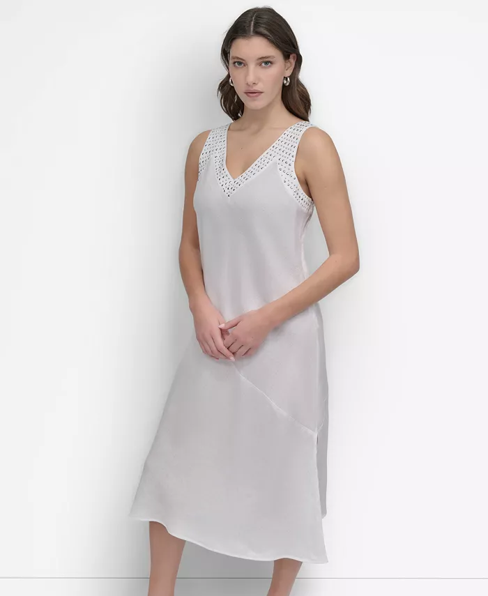 Женское льняное платье без рукавов с V-образным вырезом и металлическими заклепками DKNY, белый
Женское льняное платье без рукавов с V-образным вырезом и металлическими заклепками DKNY, белый