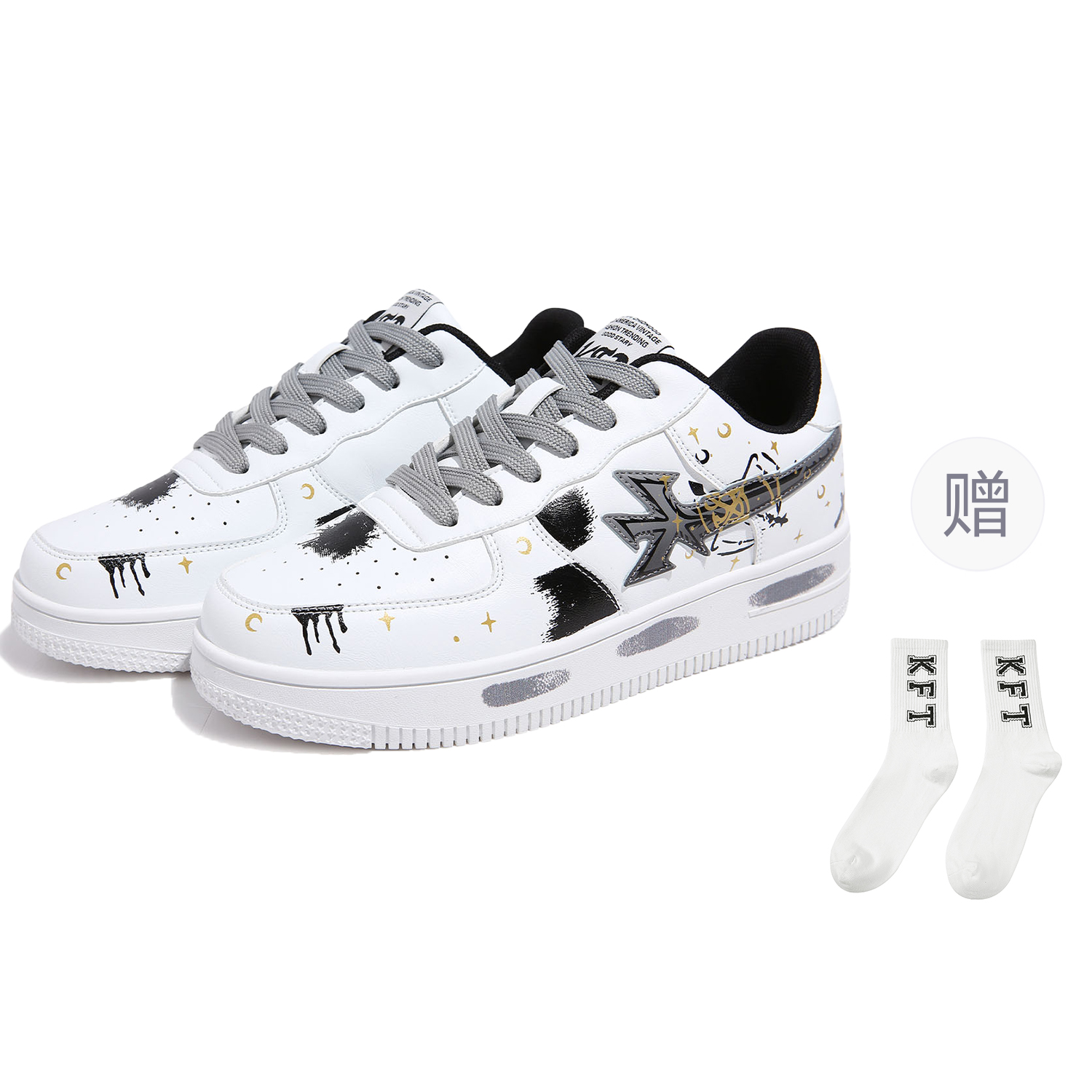 KFT Скейтерские кросcовки с противоскользящей подошвой и устойчивостью к истиранию, низкие, унисекс, бело-черные с граффити (в комплекте 1 пара спортивных гольф)
KFT Скейтерские кросcовки с противоскользящей подошвой и устойчивостью к истиранию, низкие, унисекс, бело-черные с граффити (в комплекте 1 пара спортивных гольф)