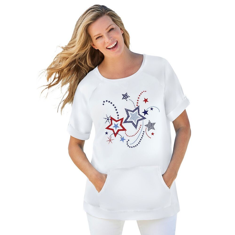 Женщина в женской футболке больших размеров Americana с карманом-кенгуру Woman Within, цвет White Firework Stars
Женщина в женской футболке больших размеров Americana с карманом-кенгуру Woman Within, цвет White Firework Stars