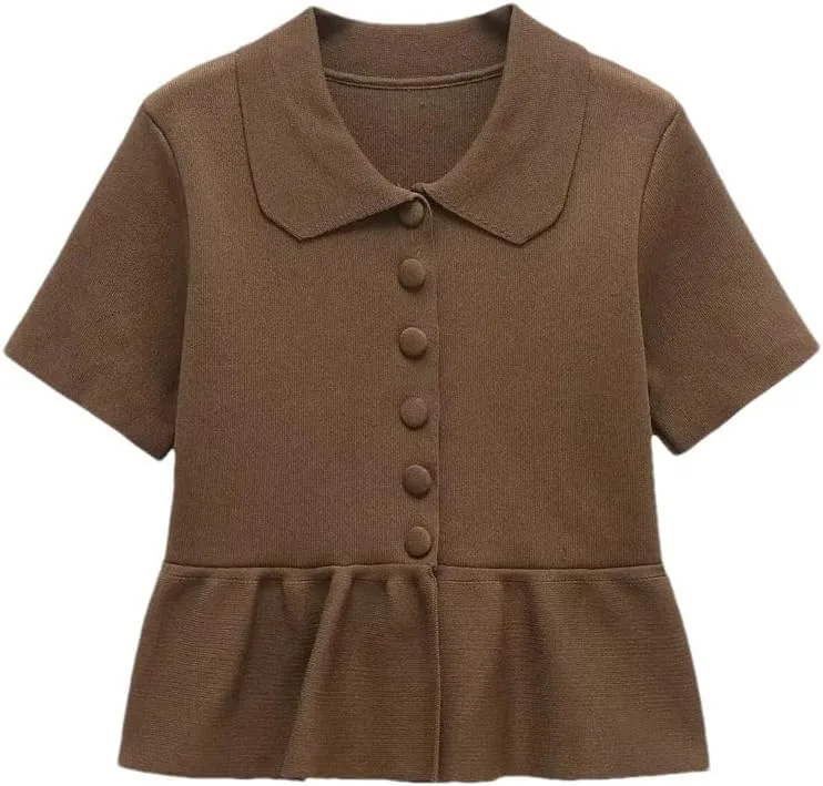 Женская блузка с коротким рукавом, воротником Peter Pan и застежкой на пуговицы
Женская блузка с коротким рукавом, воротником Peter Pan и застежкой на пуговицы