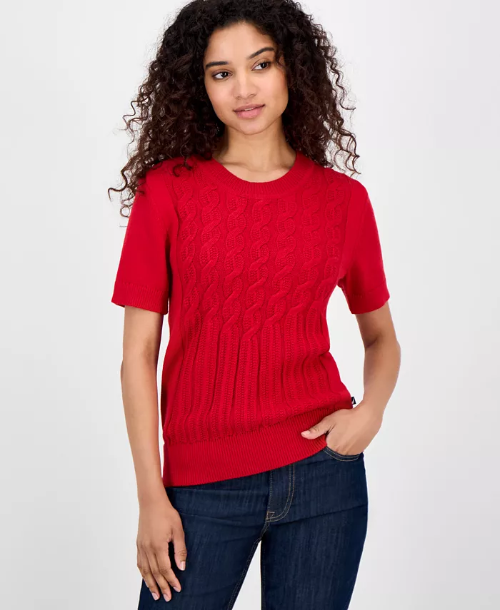 Женский хлопковый свитер с короткими рукавами, выполненный методом косой вязки Nautica Jeans, красный 
Женский хлопковый свитер с короткими рукавами, выполненный методом косой вязки Nautica Jeans, красный