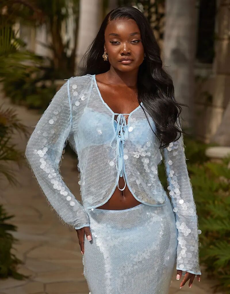 Пляжный топ South Beach с длинными рукавами, завязкой спереди, с пайетками, синего цвета
Пляжный топ South Beach с длинными рукавами, завязкой спереди, с пайетками, синего цвета