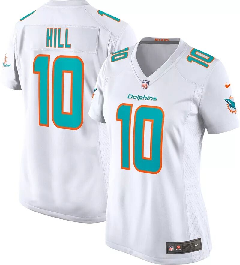 Женская белая игровая майка Nike Miami Dolphins Tyreek Hill #10 
Женская белая игровая майка Nike Miami Dolphins Tyreek Hill #10