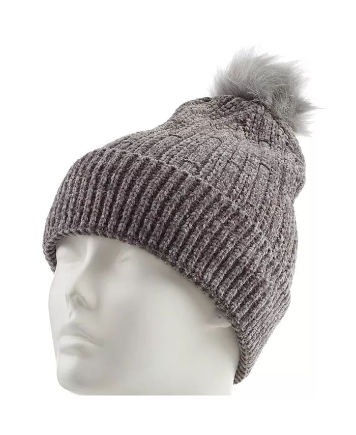 Женская классическая шапка из синели с помпоном на манжете Isotoner, серый 
Женская классическая шапка из синели с помпоном на манжете Isotoner, серый
