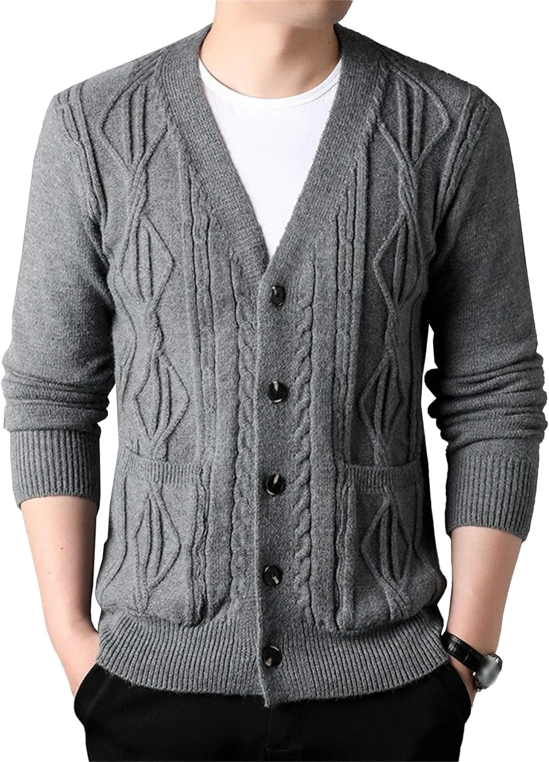 Мужской тонкий кардиган с V-образным вырезом и карманами
Мужской тонкий кардиган с V-образным вырезом и карманами