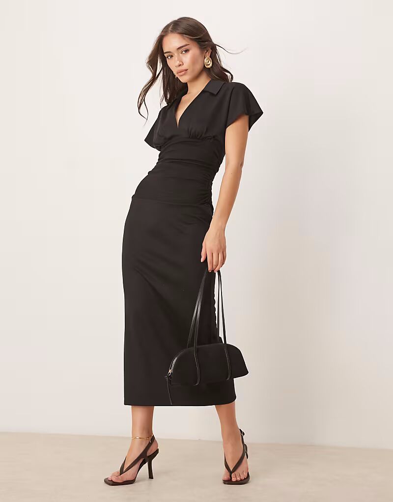 Платье миди ASOS DESIGN с короткими рукавами, воротником и резинкой на талии, черное 
Платье миди ASOS DESIGN с короткими рукавами, воротником и резинкой на талии, черное