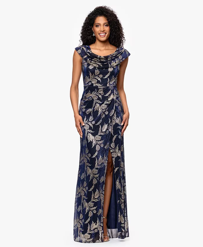 Женское длинное платье с гофрированным воротником и фольгой Betsy & Adam, синий 
Женское длинное платье с гофрированным воротником и фольгой Betsy & Adam, синий