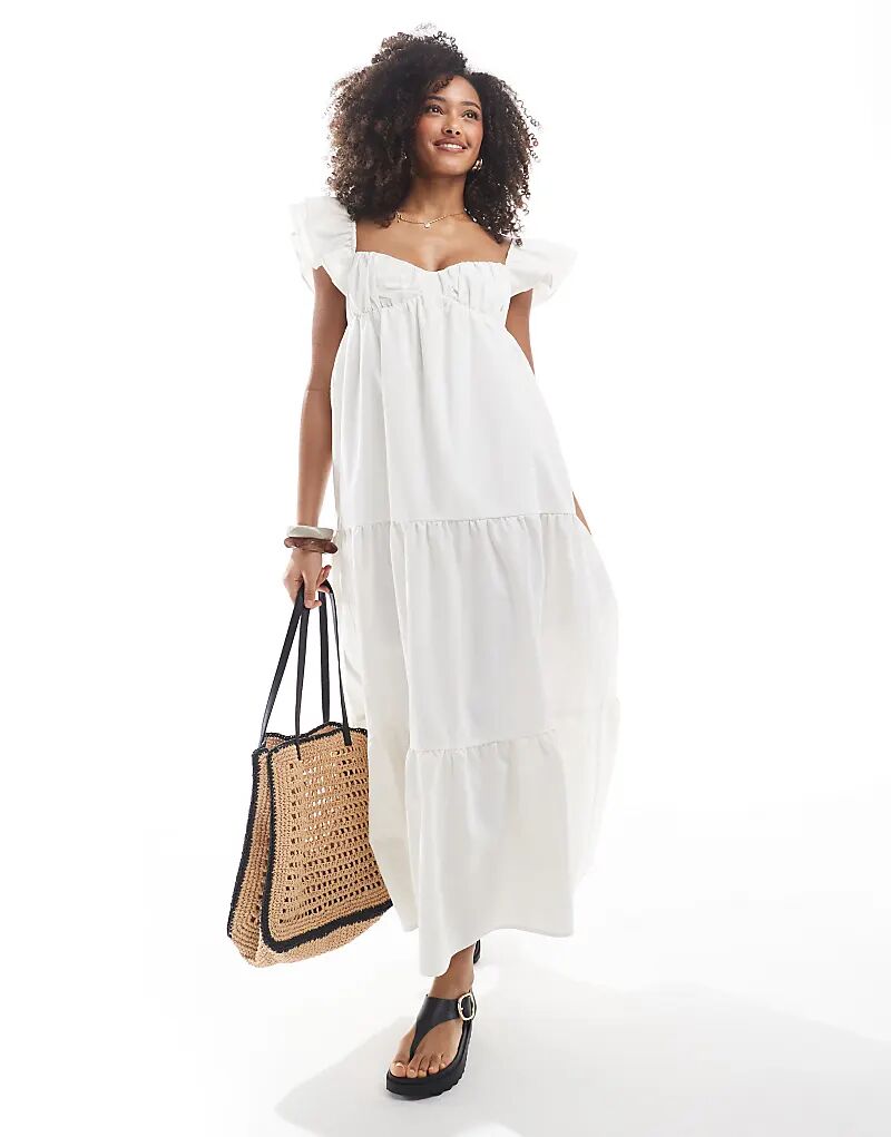 Эксклюзивное льняное платье-макси Frolic с воланами и завязками на спине, многоярусное, кремового цвета 
Эксклюзивное льняное платье-макси Frolic с воланами и завязками на спине, многоярусное, кремового цвета