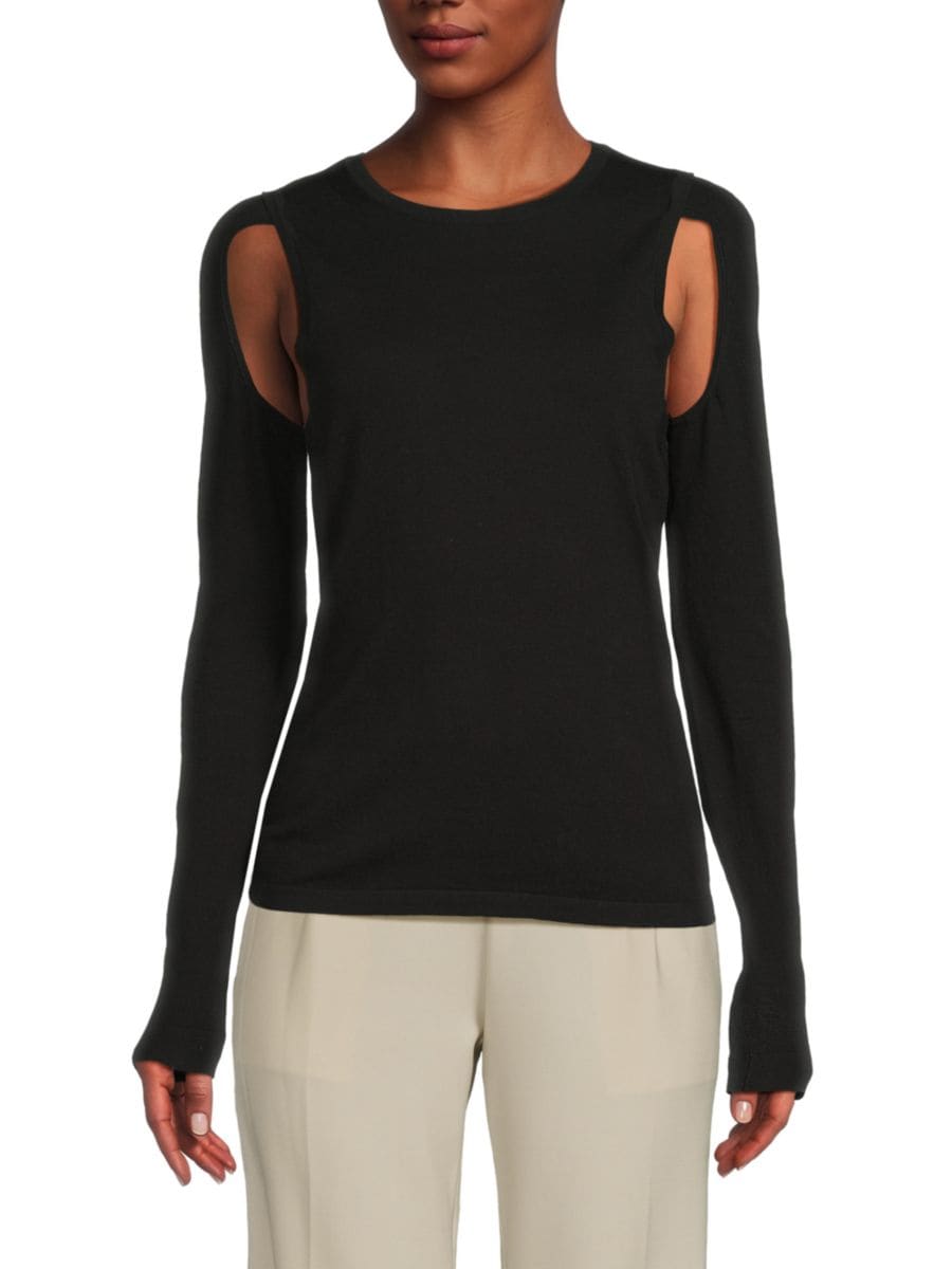 Хлопковый свитер с круглым вырезом и вырезом Helmut Lang, черный 
Хлопковый свитер с круглым вырезом и вырезом Helmut Lang, черный