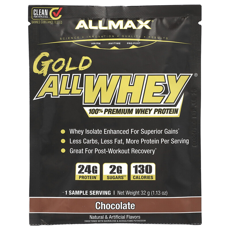 ALLMAX, Gold All Whey, 100% сывороточный протеин премиального качества, шоколад, 32 г (1,13 унции)
ALLMAX, Gold All Whey, 100% сывороточный протеин премиального качества, шоколад, 32 г (1,13 унции)