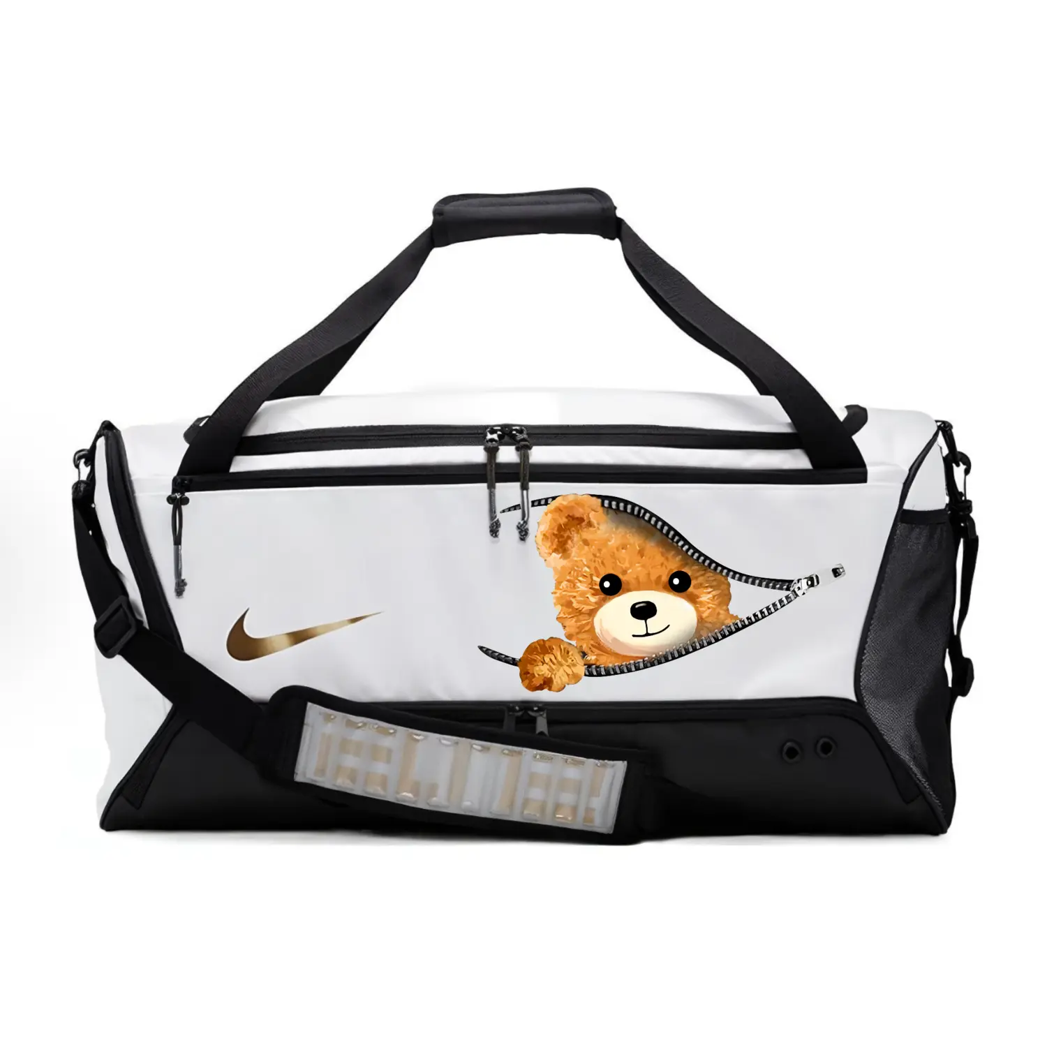 Тканевая дорожная сумка унисекс переливающаяся черно-белая Nike, Zipper Bear
Тканевая дорожная сумка унисекс переливающаяся черно-белая Nike, Zipper Bear