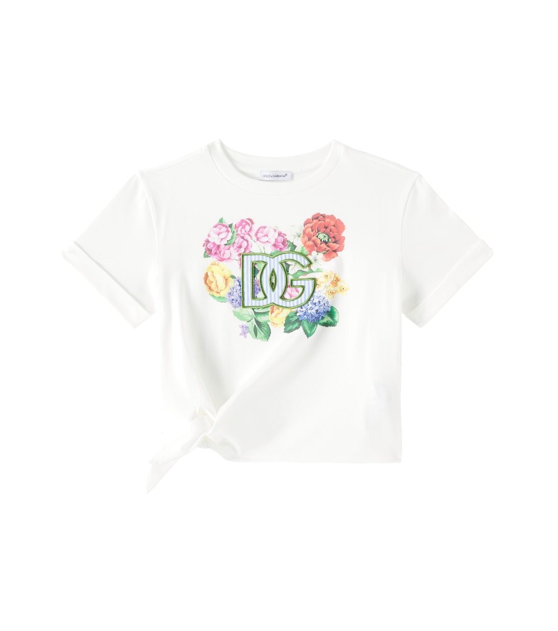 Футболка DG из хлопка с цветочным принтом и сборками Dolce&Gabbana Kids, Bianco 
Футболка DG из хлопка с цветочным принтом и сборками Dolce&Gabbana Kids, Bianco