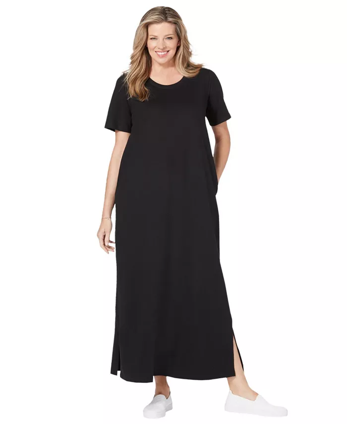 Платье-футболка макси размера плюс с короткими рукавами и круглым вырезом Woman Within, черный 
Платье-футболка макси размера плюс с короткими рукавами и круглым вырезом Woman Within, черный