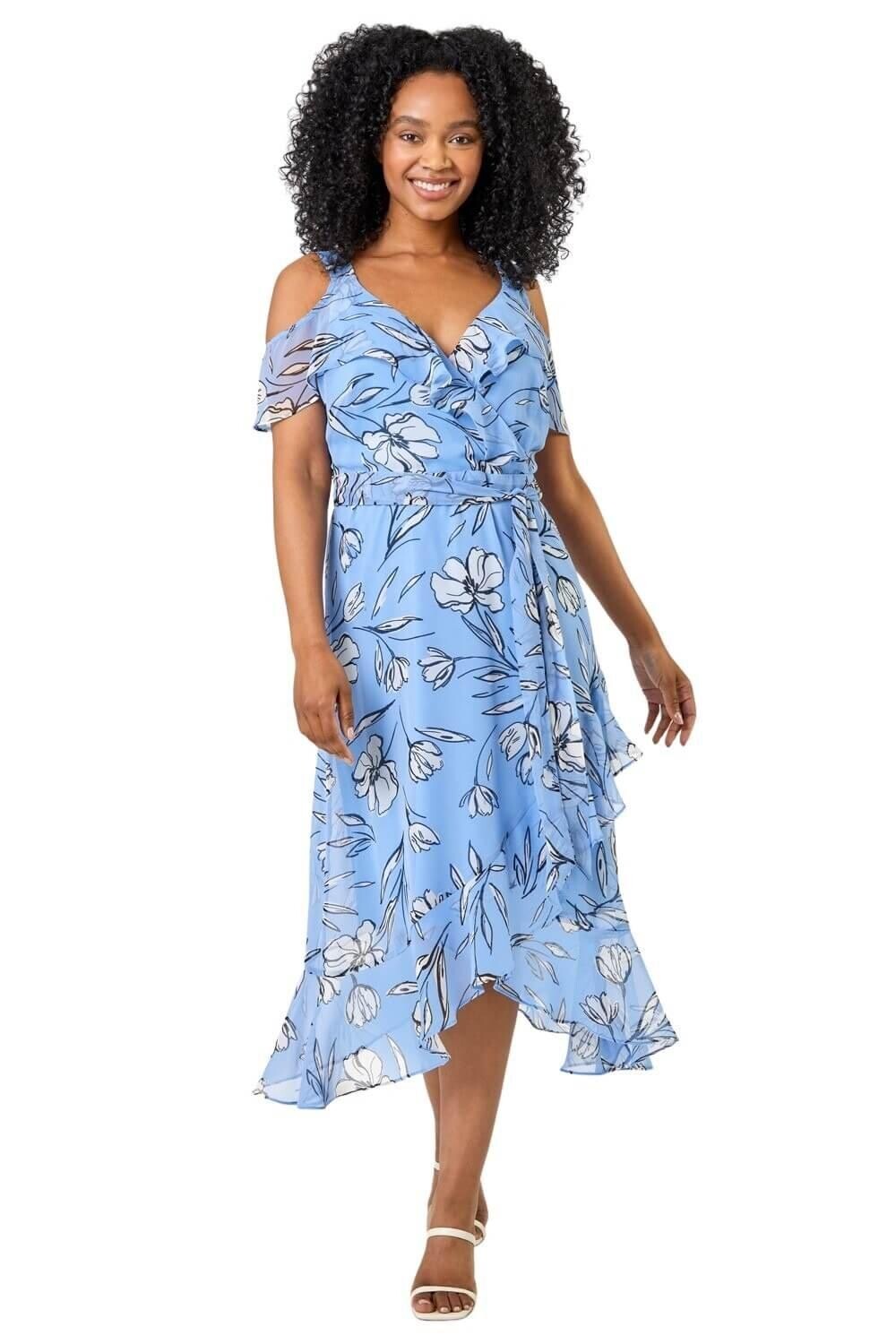 Миниатюрное платье миди с открытыми плечами и цветочным принтом Roman, синий 
Миниатюрное платье миди с открытыми плечами и цветочным принтом Roman, синий