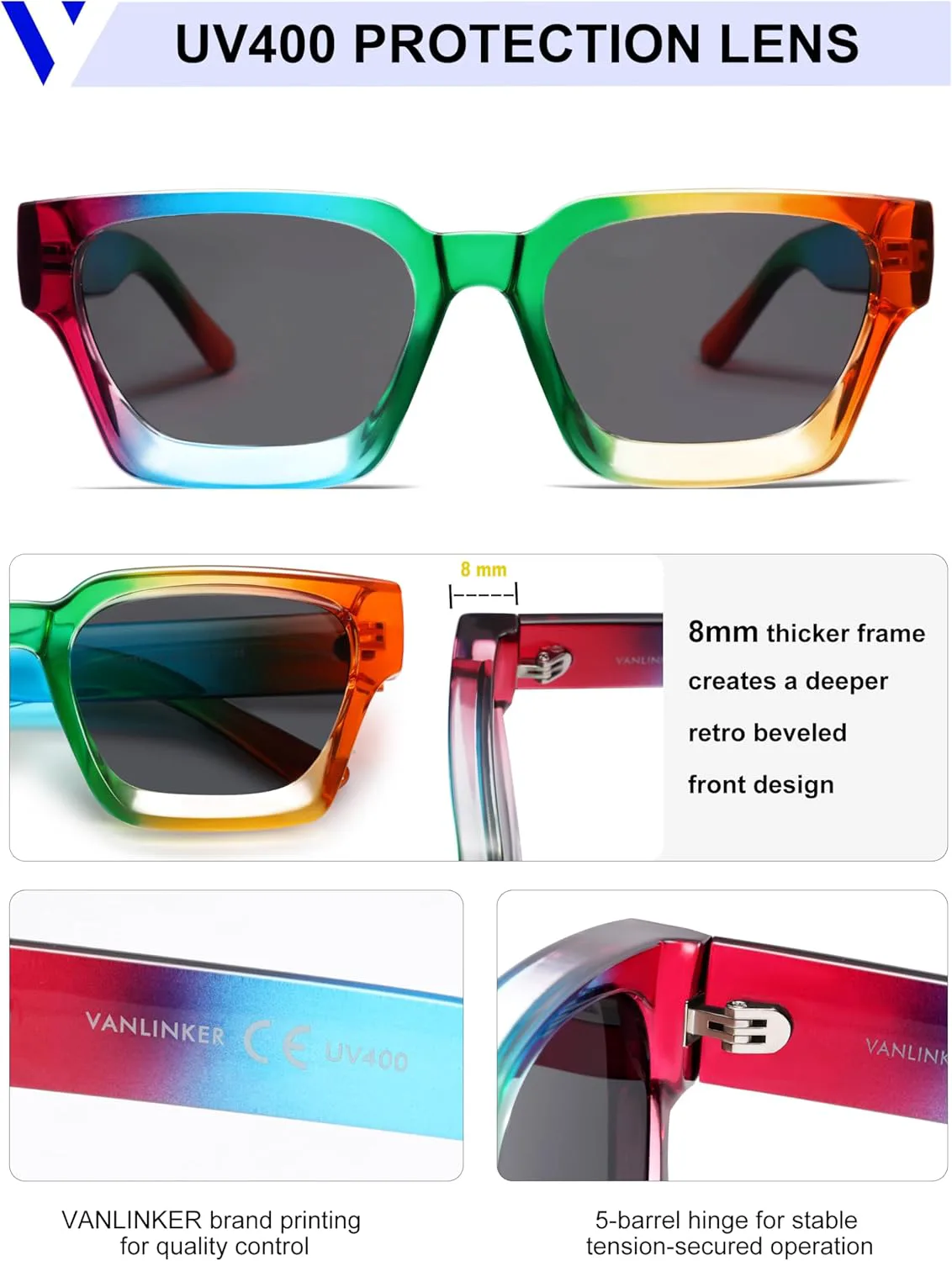Солнцезащитные очки VANLINKER квадратной формы для мужчин и женщин, ретро-стиль, массивные прямоугольные, защита от УФ-излучения UV400, VL9731, C2.1 - Rainbow / Grey
Солнцезащитные очки VANLINKER квадратной формы для мужчин и женщин, ретро-стиль, массивные прямоугольные, защита от УФ-излучения UV400, VL9731, C2.1 - Rainbow / Grey