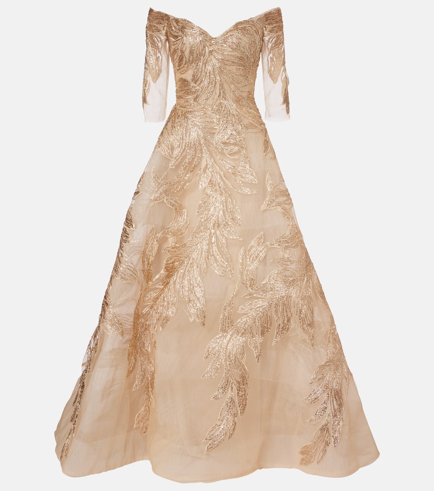 Вышитое платье из тюля с открытыми плечами Monique Lhuillier, Gold
Вышитое платье из тюля с открытыми плечами Monique Lhuillier, Gold