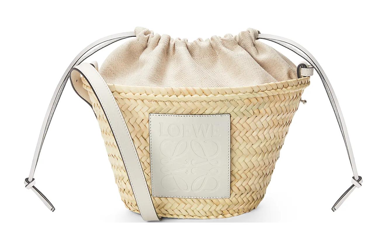 Пальмовый лист Кожаная коровья сумка Пэчворк Ведро Сумка через плечо Наплечная сумка Женская Натуральный/Белый LOEWE