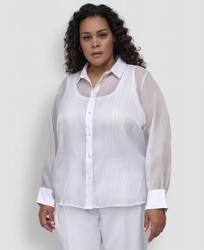 Рубашка больших размеров в полоску на пуговицах спереди DKNY, синий 
Рубашка больших размеров в полоску на пуговицах спереди DKNY, синий