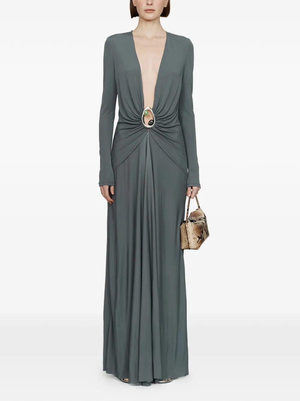 Платье Orica Crystal Ruched с V-образным вырезом Christopher Esber, серый
Платье Orica Crystal Ruched с V-образным вырезом Christopher Esber, серый