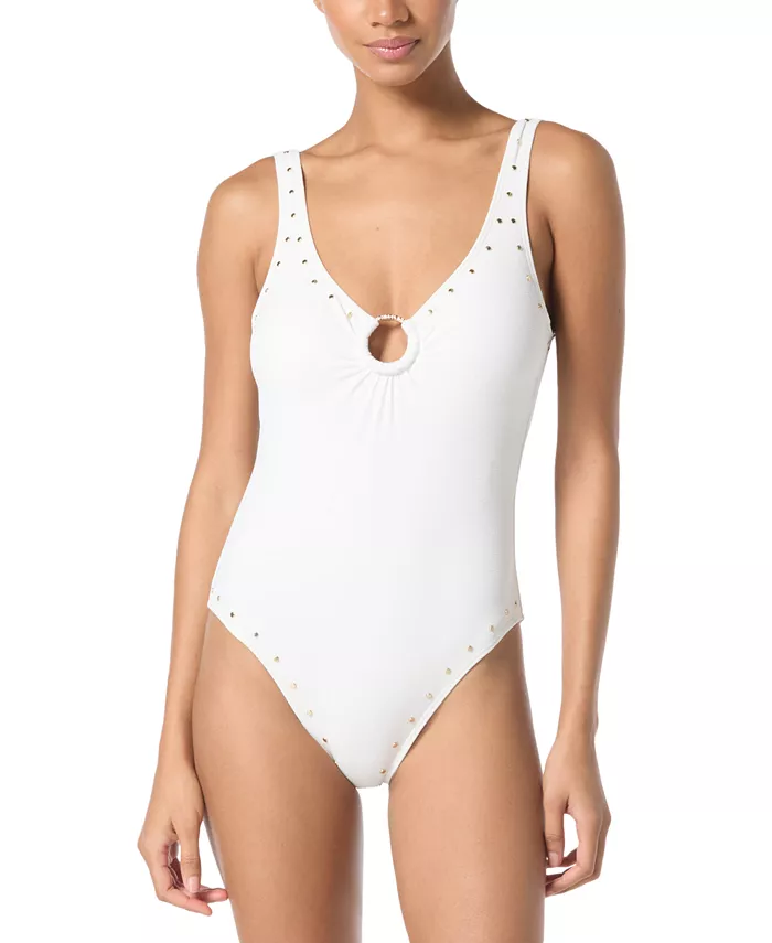 Женский цельнокроеный купальник с кольцом на лифе и круглым вырезом из крепа Michael Kors, белый
Женский цельнокроеный купальник с кольцом на лифе и круглым вырезом из крепа Michael Kors, белый