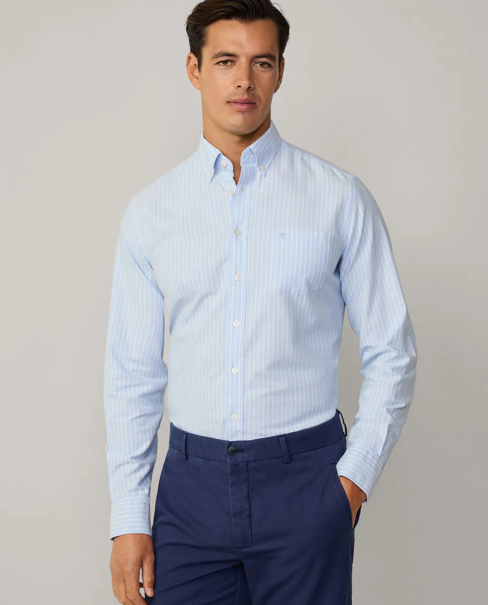 Мужская приталенная рубашка Оксфорд в полоску Hackett, светло-голубой
Мужская приталенная рубашка Оксфорд в полоску Hackett, светло-голубой