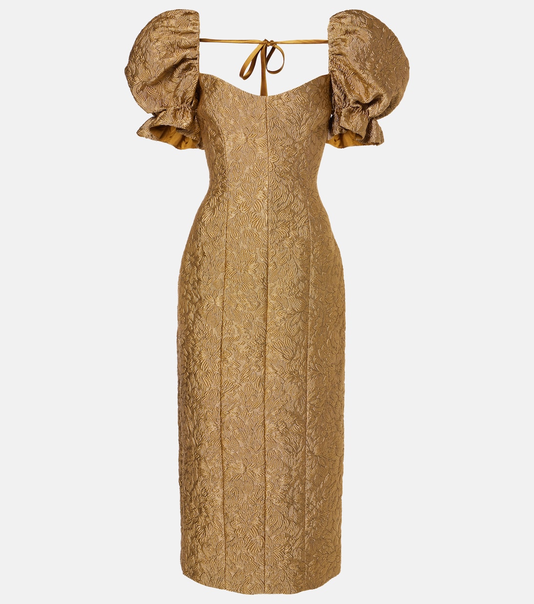 Платье миди из парчи с цветочным принтом Farrah Markarian, золотой 
Платье миди из парчи с цветочным принтом Farrah Markarian, золотой