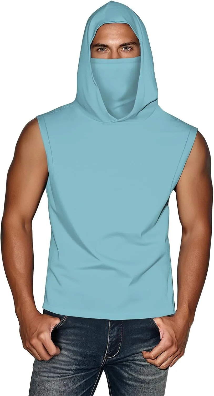 Мужской спортивный топ с капюшоном без рукавов с маской для лица
Мужской спортивный топ с капюшоном без рукавов с маской для лица