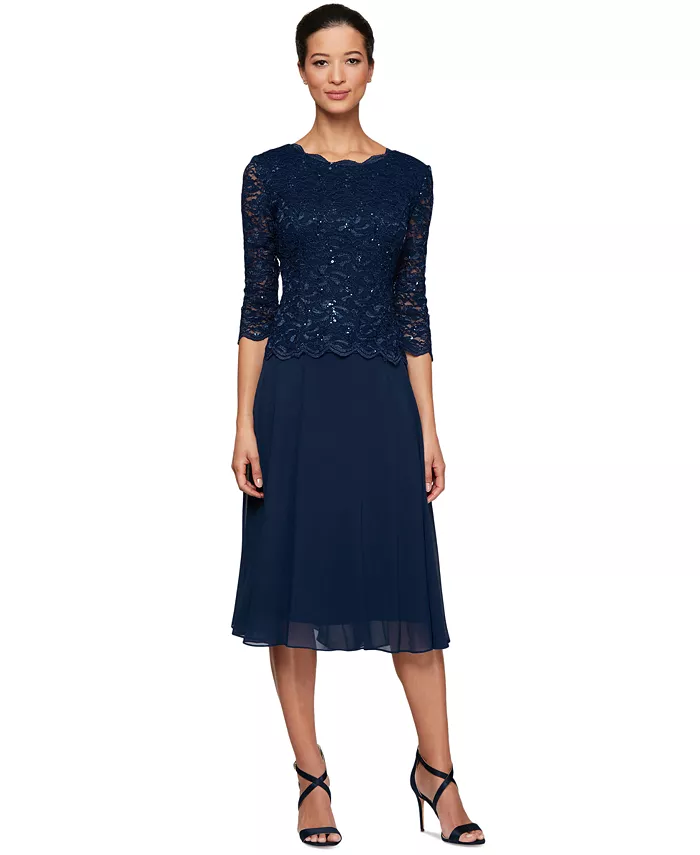 Алекс S Платье миди с кружевом и контрастными пайетками Alex Evenings, синий
Алекс S Платье миди с кружевом и контрастными пайетками Alex Evenings, синий
