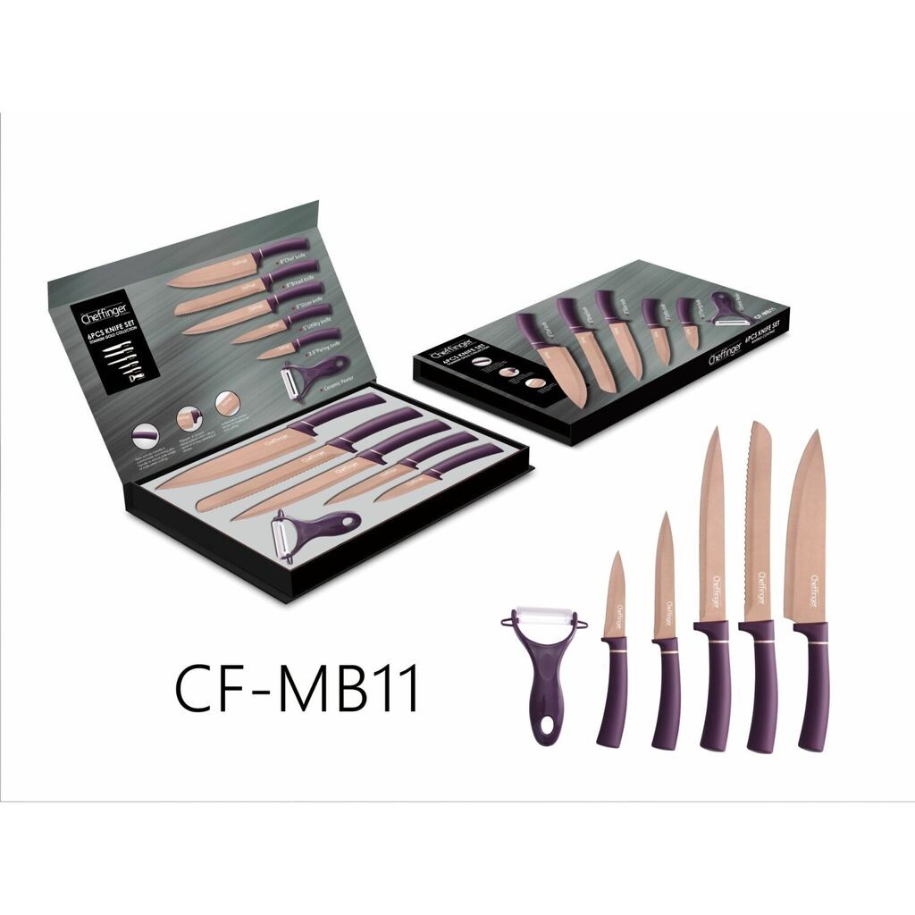 Набор из 6 ножей Purple Gold Edition (5 ножей и 1 нож), нержавеющая сталь, в складной коробке с магнитным замком, мотив острых лезвий ножа 2 Scheffinger
Набор из 6 ножей Purple Gold Edition (5 ножей и 1 нож), нержавеющая сталь, в складной коробке с магнитным замком, мотив острых лезвий ножа 2 Scheffinger