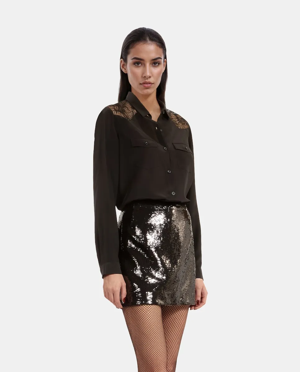 Женская шелковая рубашка с кружевными вставками The Kooples, черный
Женская шелковая рубашка с кружевными вставками The Kooples, черный