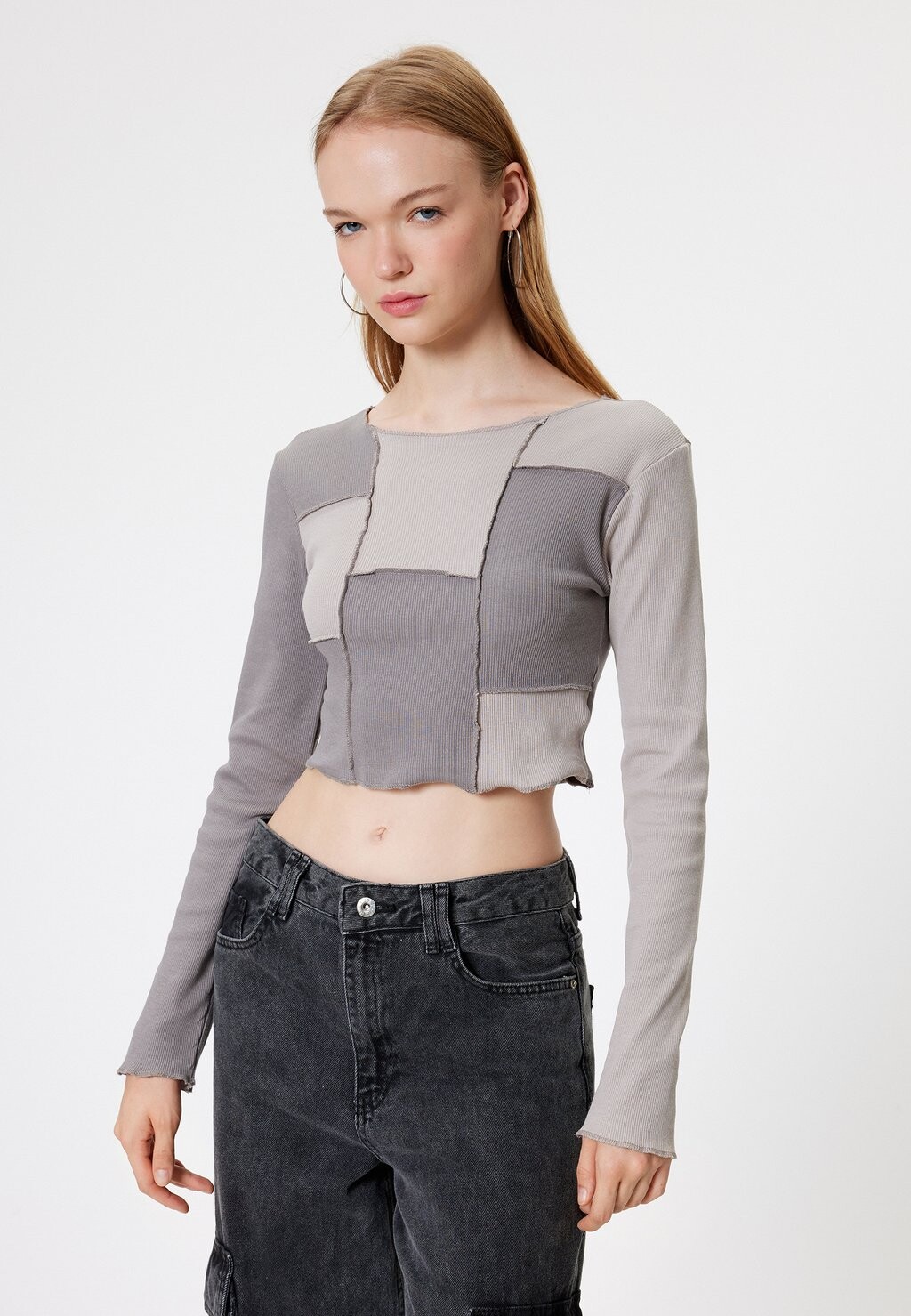 Топ с длинными рукавами CROP Koton, серый 
Топ с длинными рукавами CROP Koton, серый