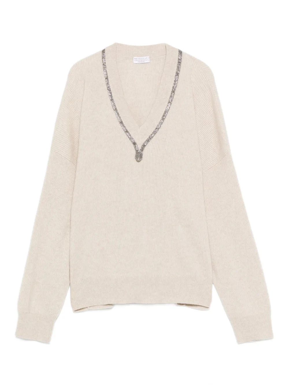Свитер с V-образным вырезом и кристаллами Brunello Cucinelli, нейтральный 
Свитер с V-образным вырезом и кристаллами Brunello Cucinelli, нейтральный