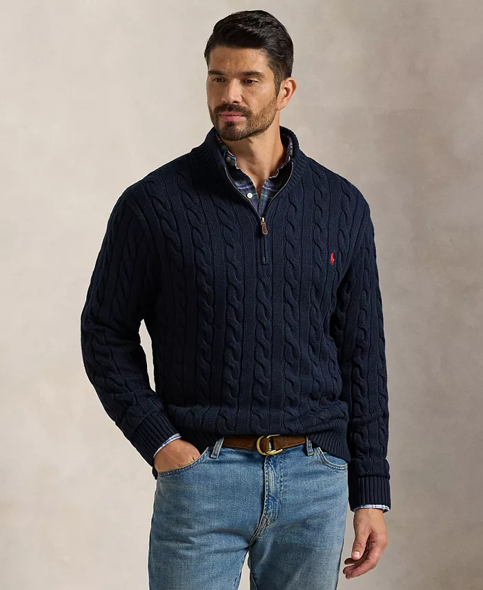 Мужской свитер из хлопка с косой вязкой и застежкой-молнией на четверть дюйма для крупных и высоких мужчин Polo Ralph Lauren, синий
Мужской свитер из хлопка с косой вязкой и застежкой-молнией на четверть дюйма для крупных и высоких мужчин Polo Ralph Lauren, синий