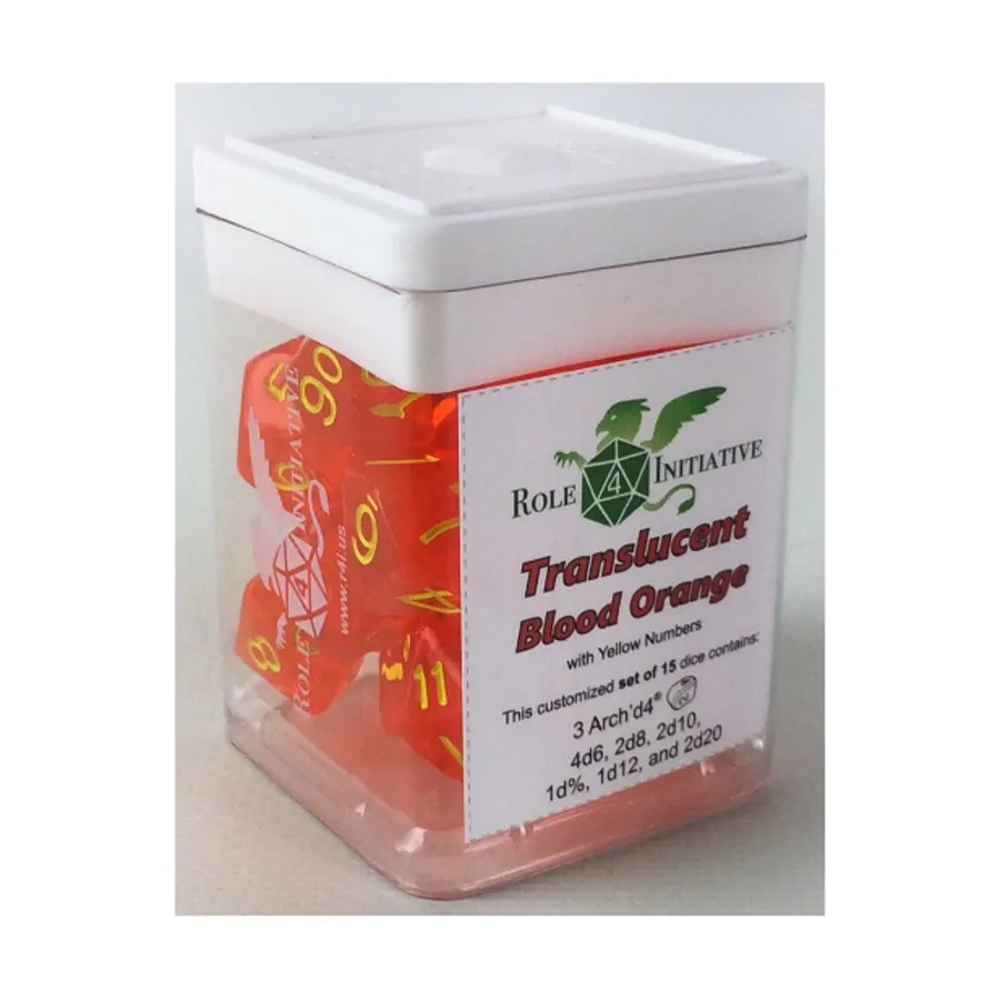 Многогранные игральные кости — полупрозрачный кроваво-оранжевый с желтым и Arch'd4 (15), Game Dice - Translucent (Role 4 Initiative)
Многогранные игральные кости — полупрозрачный кроваво-оранжевый с желтым и Arch'd4 (15), Game Dice - Translucent (Role 4 Initiative)