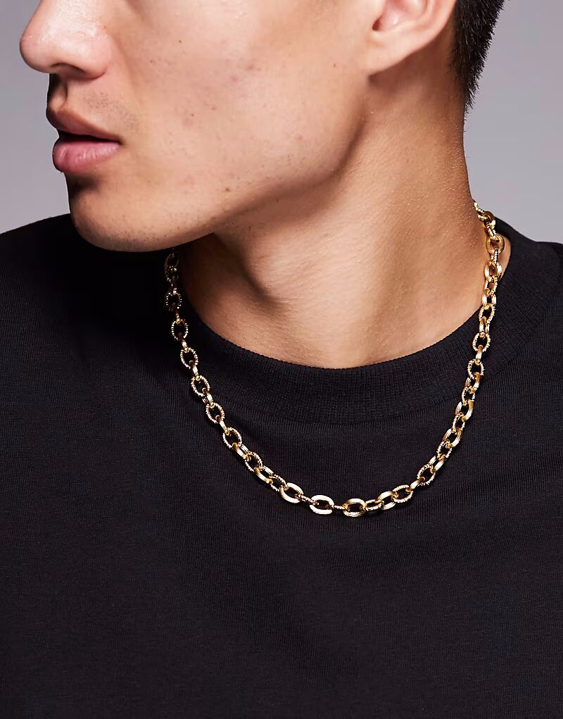 Водонепроницаемое ожерелье-цепочка из нержавеющей стали с текстурированными звеньями в золоте Asos Design
Водонепроницаемое ожерелье-цепочка из нержавеющей стали с текстурированными звеньями в золоте Asos Design