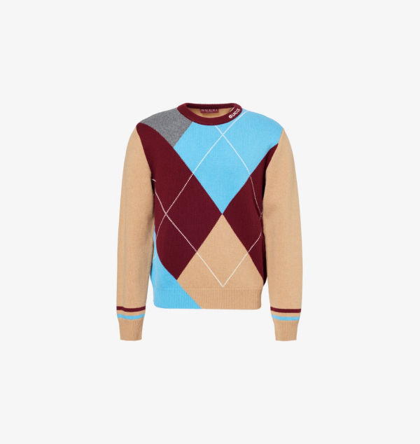 Вязаный джемпер из шерсти и кашемира с ромбовидным узором и круглым вырезом Gucci, коричневый 
Вязаный джемпер из шерсти и кашемира с ромбовидным узором и круглым вырезом Gucci, коричневый