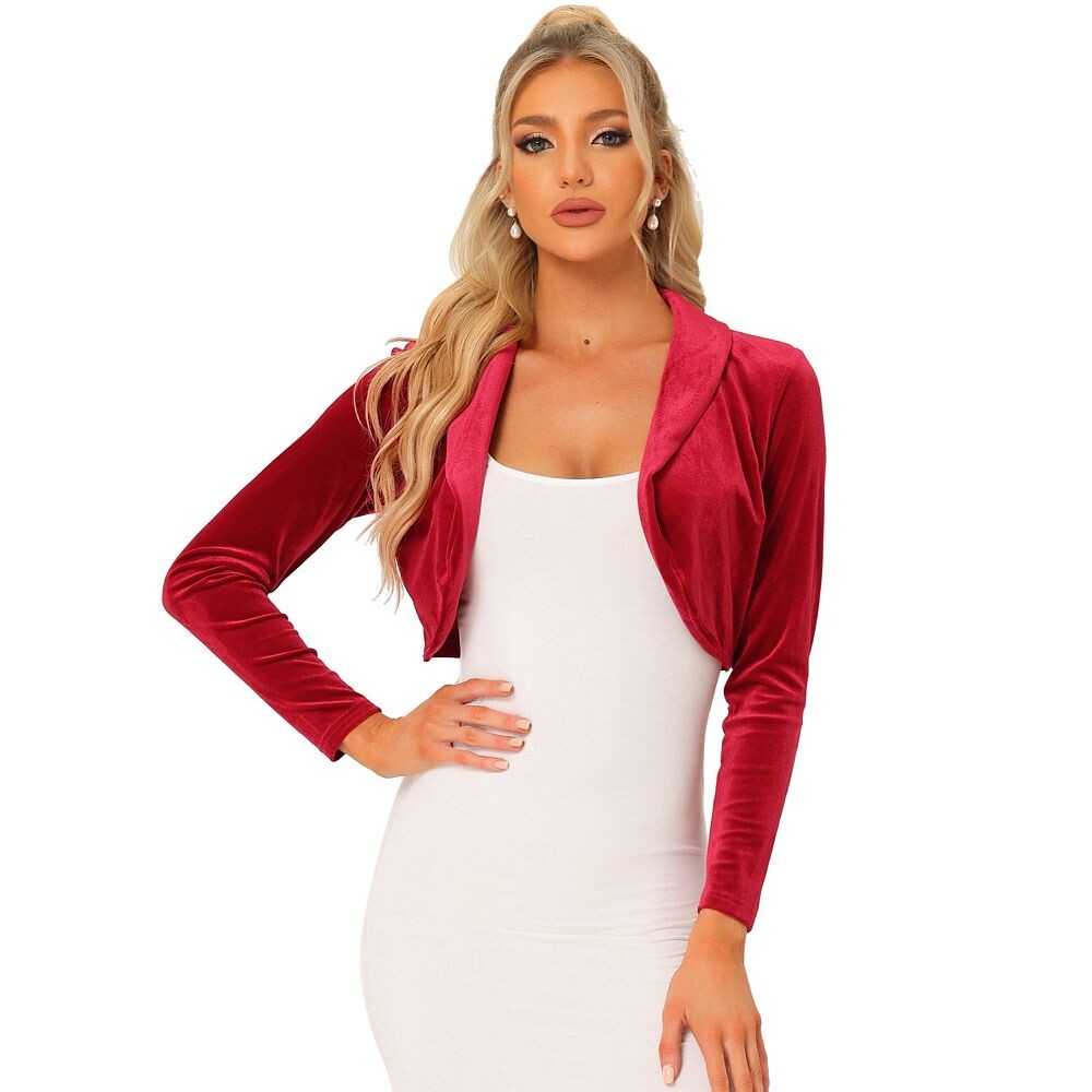 Бархатный укороченный топ для женщин, кардиган с открытым передним воротником и длинными рукавами ALLEGRA K, красный 
Бархатный укороченный топ для женщин, кардиган с открытым передним воротником и длинными рукавами ALLEGRA K, красный
