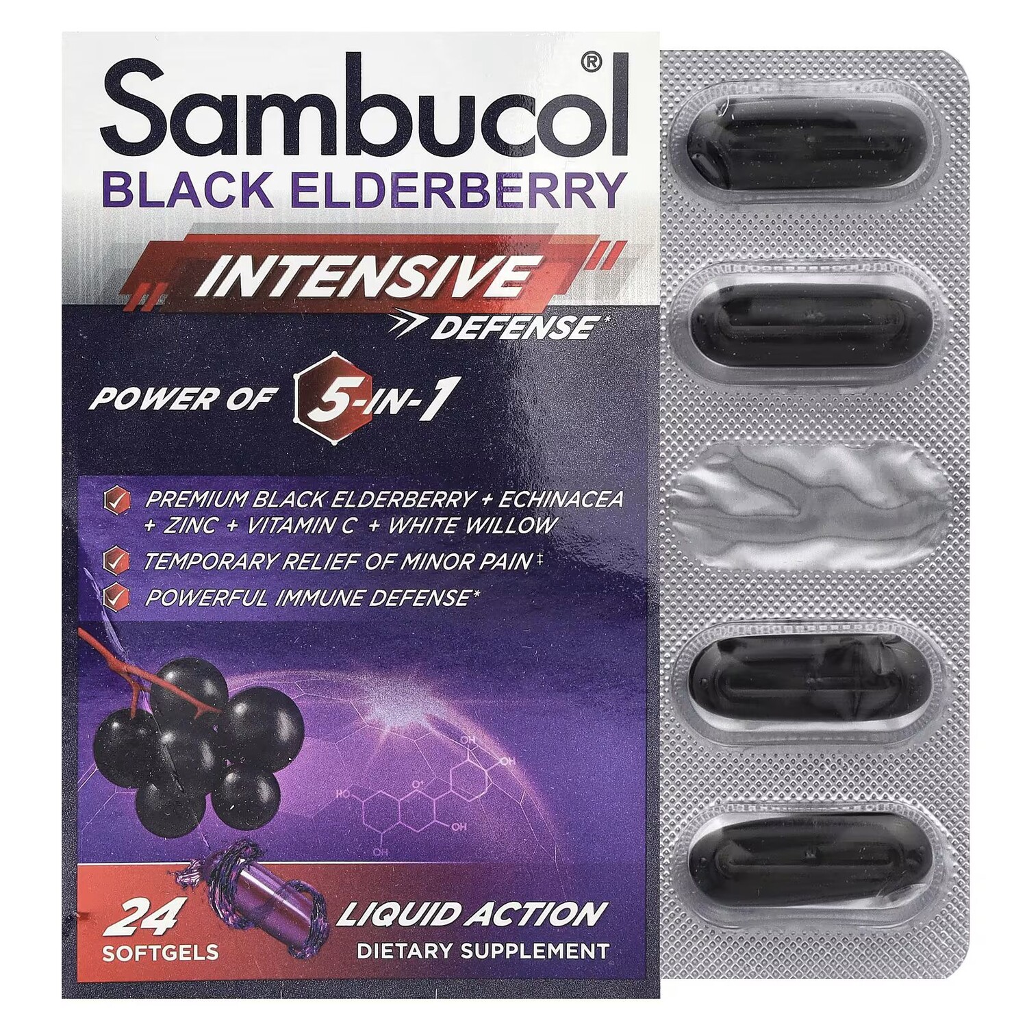 Черная бузина, интенсивная защита, сила 5-в-1, 24 мягких таблетки Sambucol
Черная бузина, интенсивная защита, сила 5-в-1, 24 мягких таблетки Sambucol