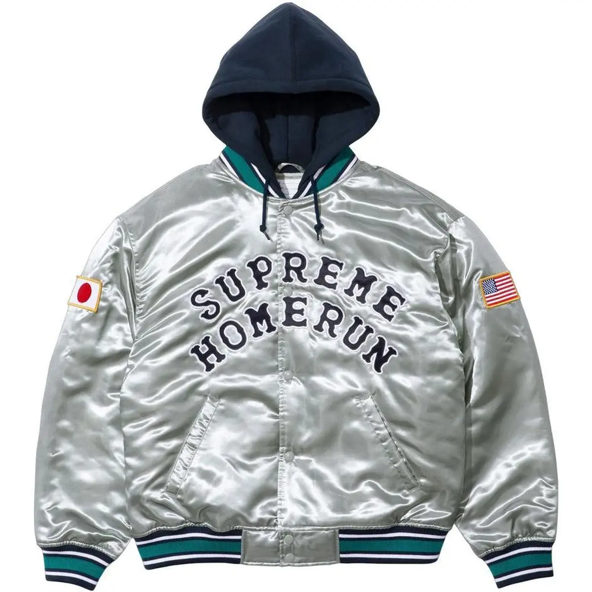 Supreme Сатиновая бейсбольная куртка с капюшоном, Silver
Supreme Сатиновая бейсбольная куртка с капюшоном, Silver