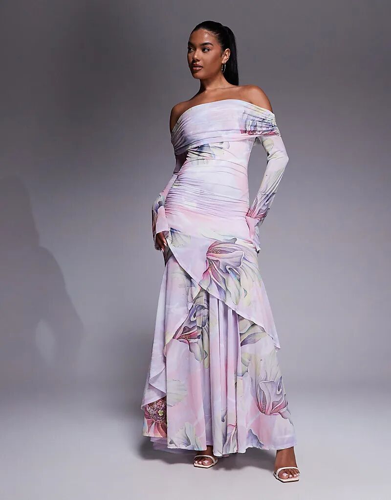 Платье макси ASOS DESIGN из эластичного шифона с длинными рукавами, открытыми плечами, оборкой по низу и цветочным принтом