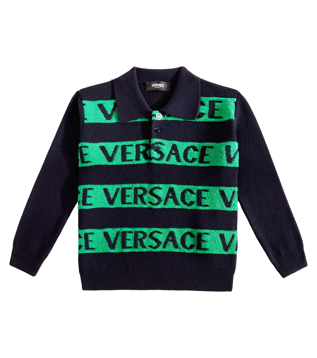 Шерстяной свитер-поло с логотипом Versace Kids, Blu Uniform + Duck
Шерстяной свитер-поло с логотипом Versace Kids, Blu Uniform + Duck